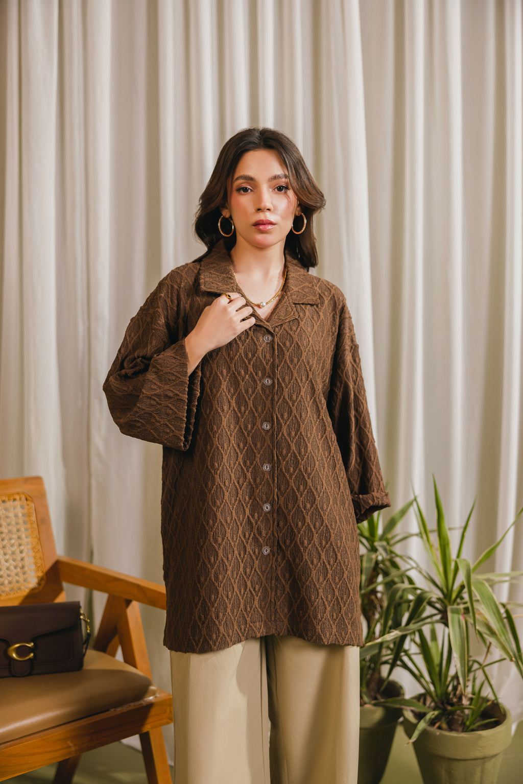 Brown Textured Button Down