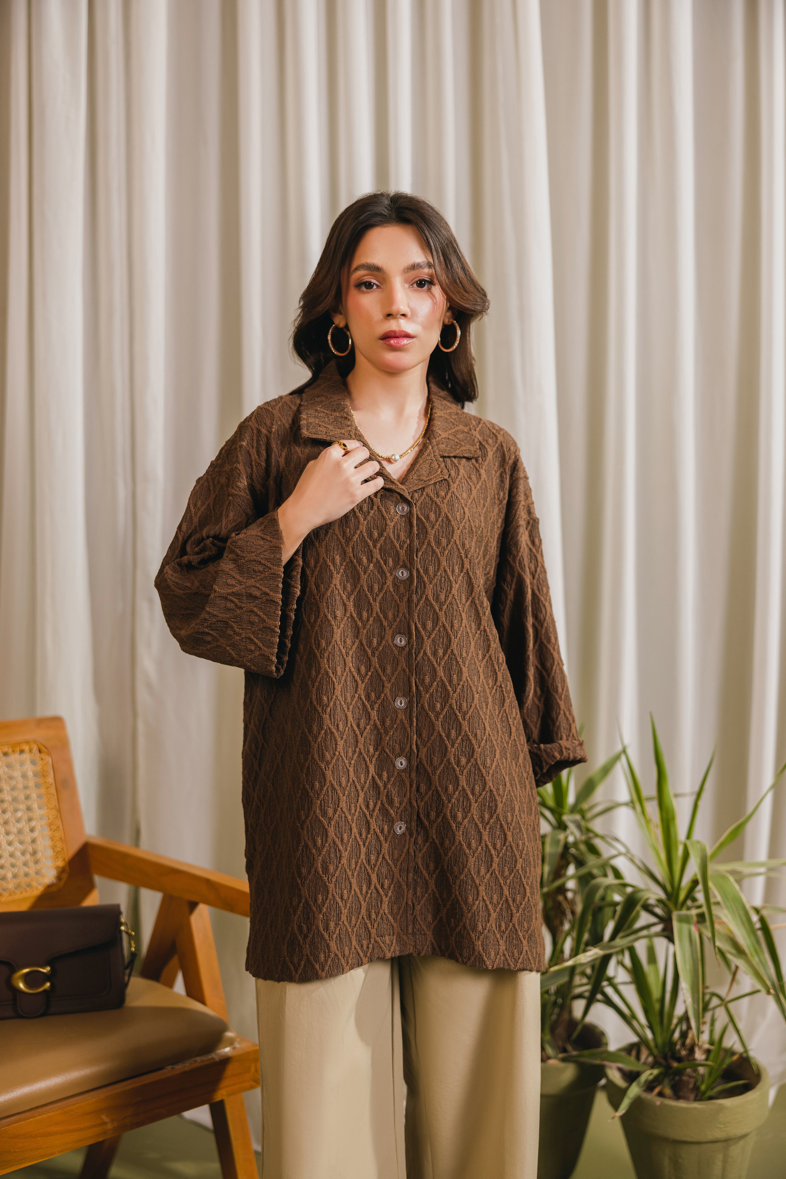 Brown Textured Button Down