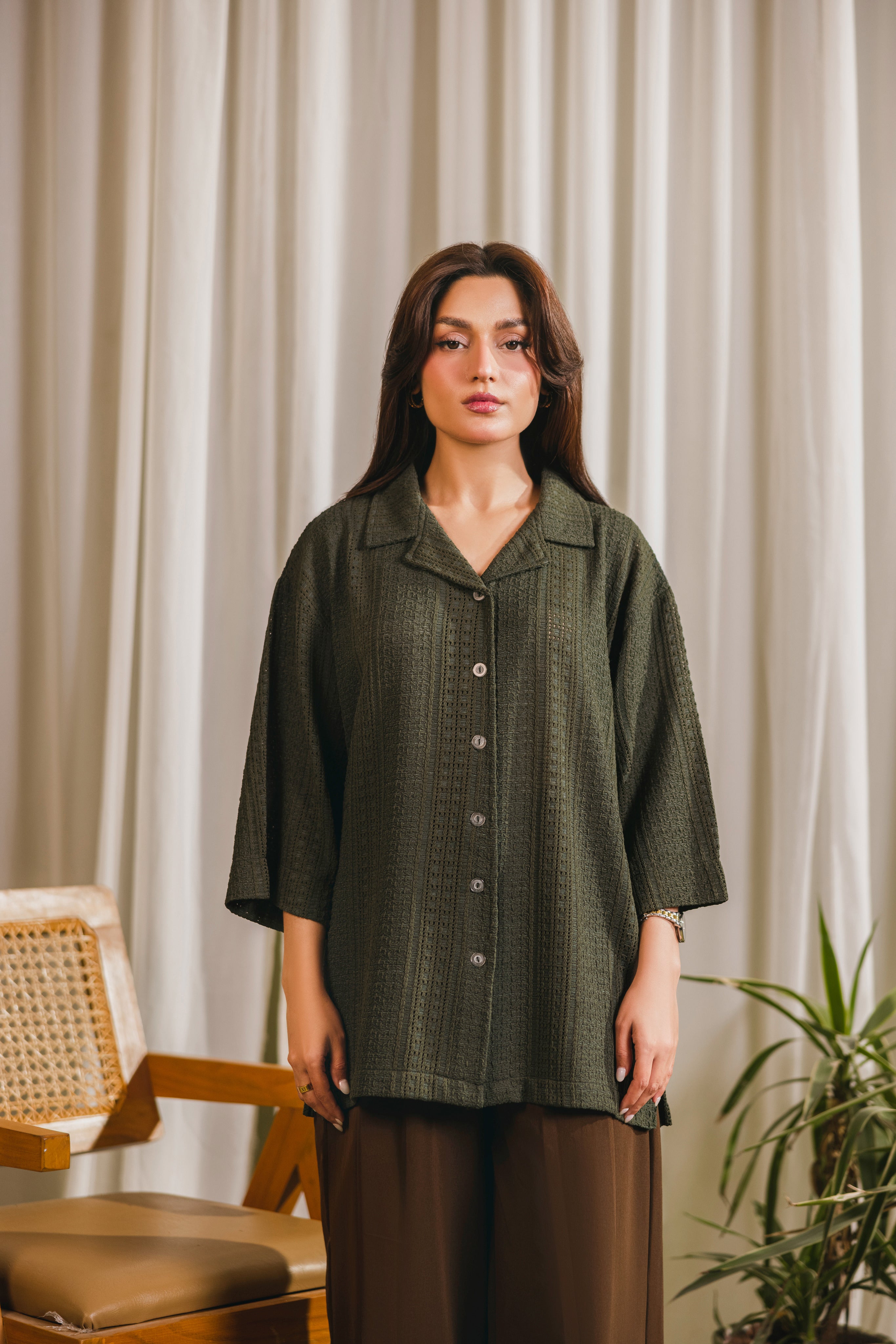 Green Textured Button Down