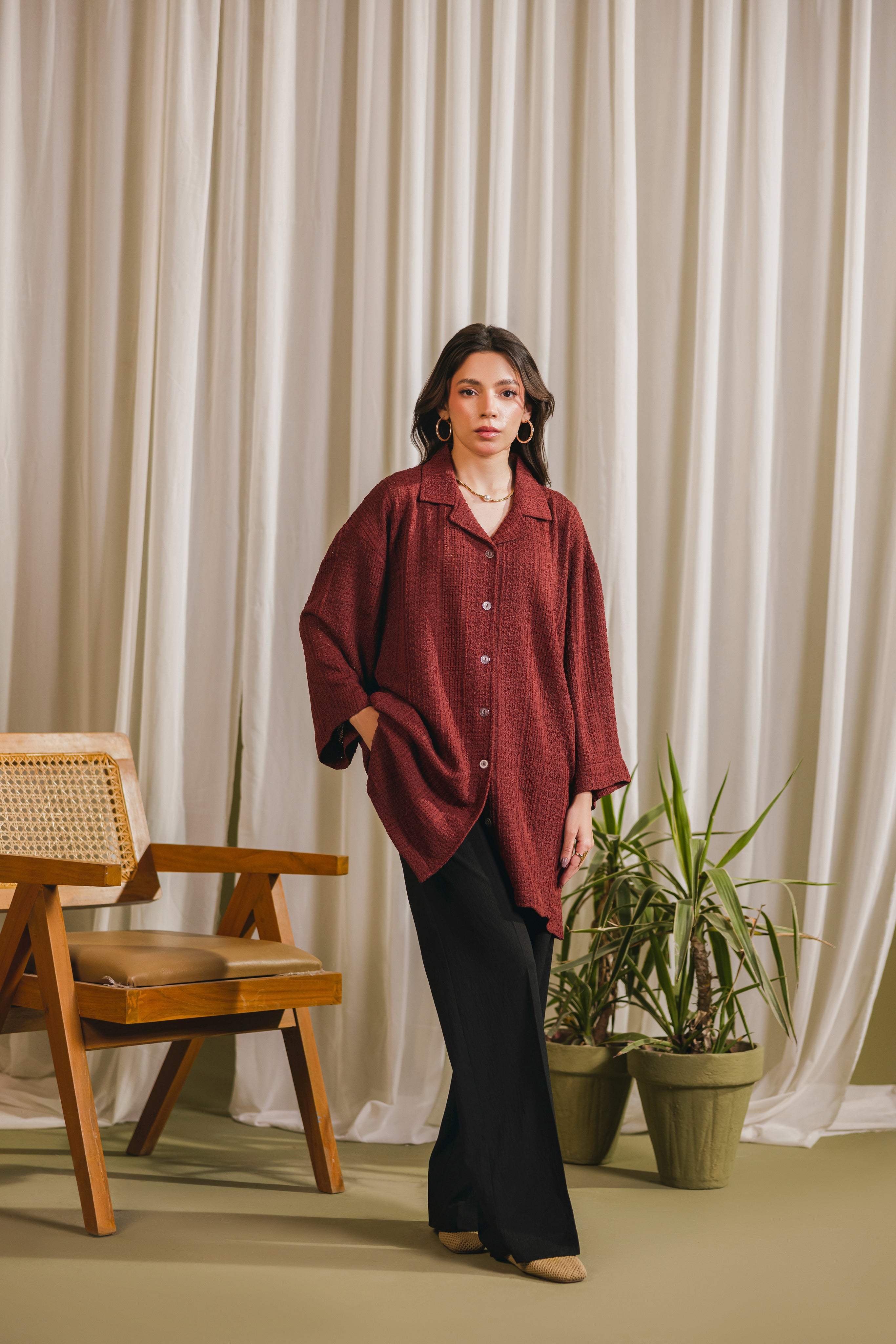 Maroon Textured Button Down