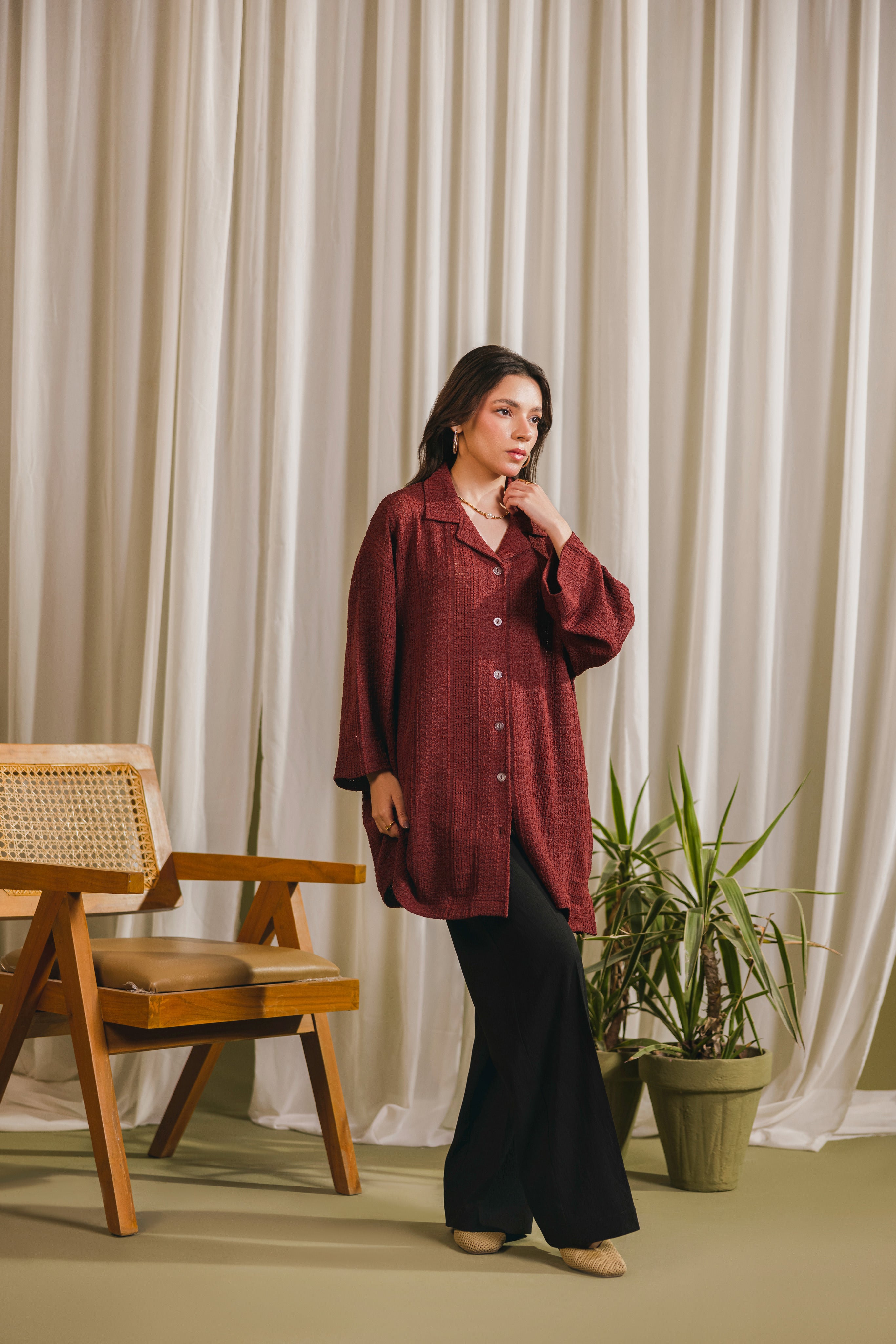 Maroon Textured Button Down