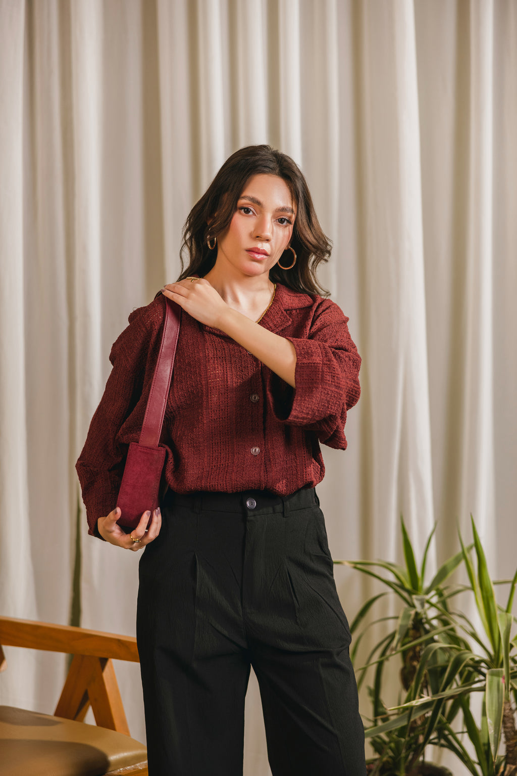 Maroon Textured Button Down