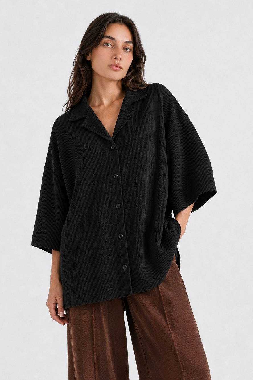 Black Waffle Button Down