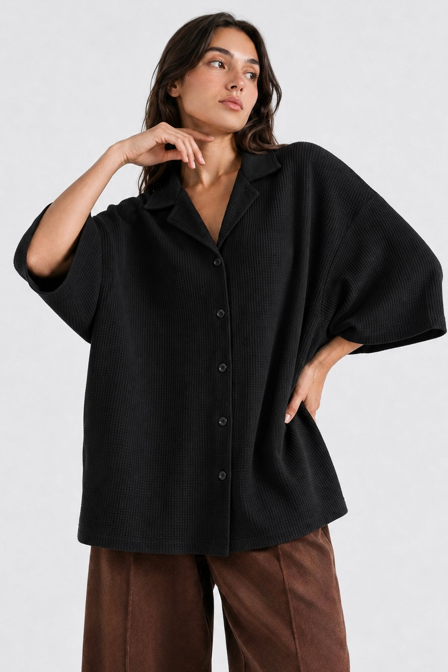 Black Waffle Button Down