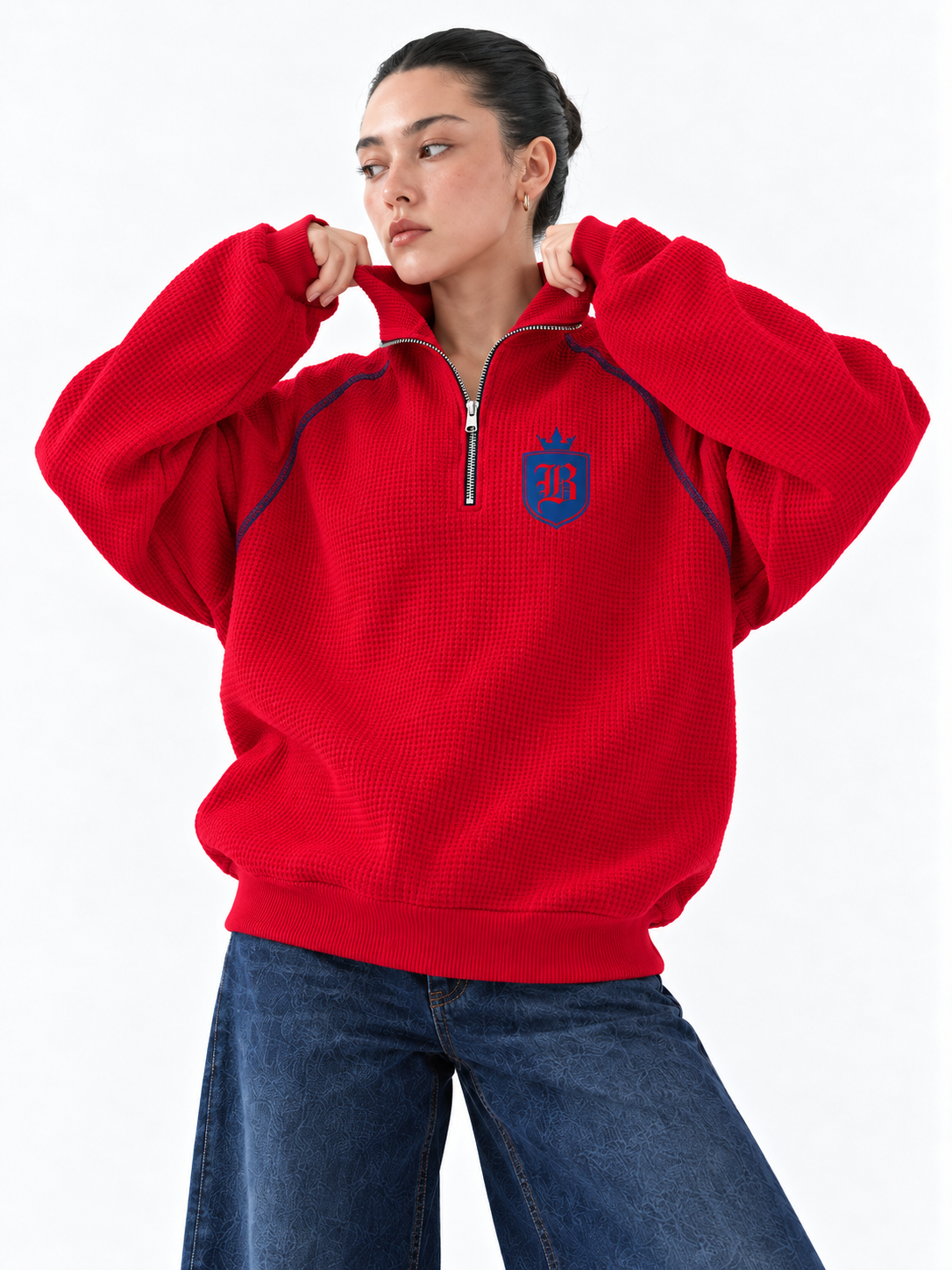 Red Waffle Knit Sweatshirt