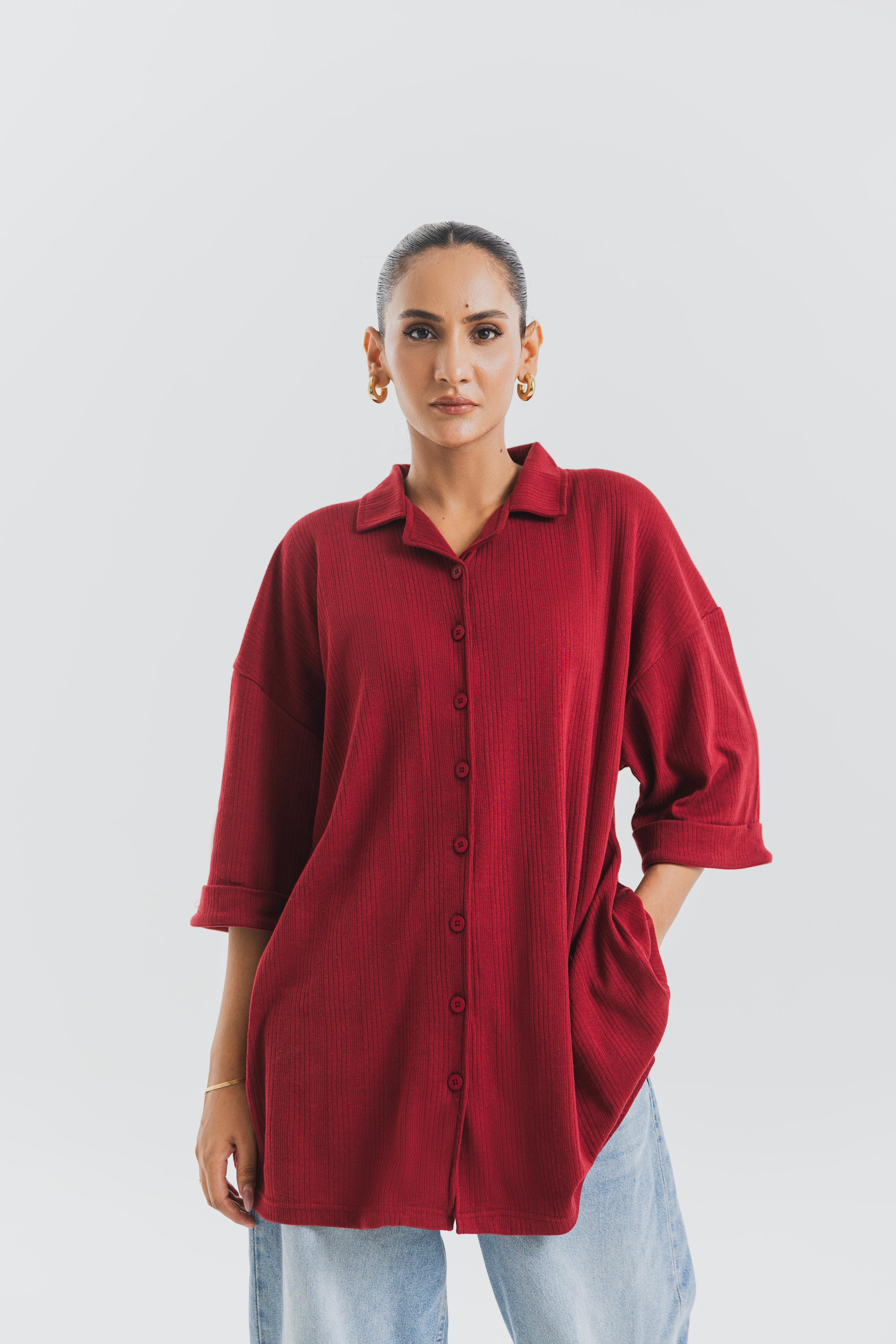 Maroon Drop Needle Button Down