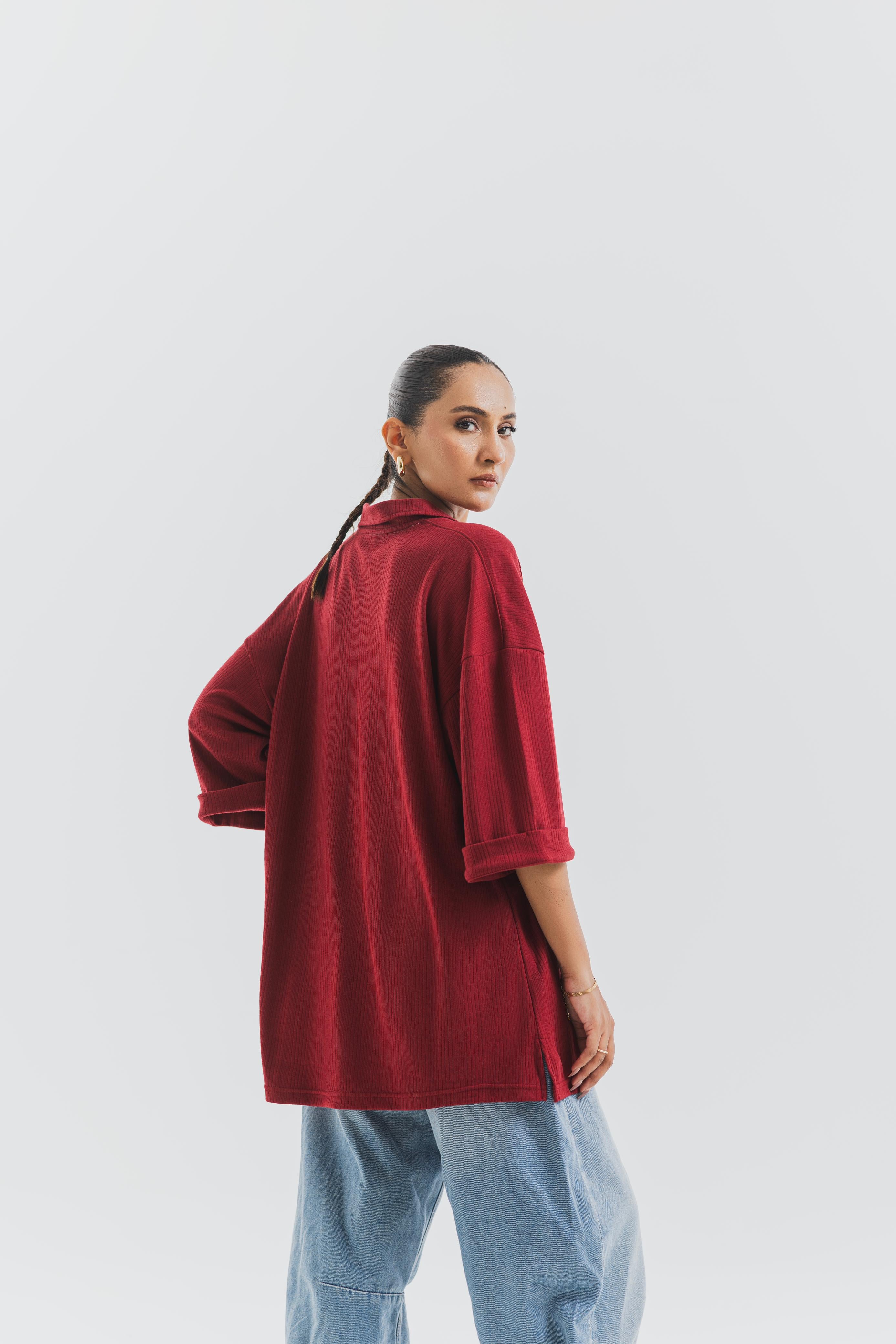 Maroon Drop Needle Button Down