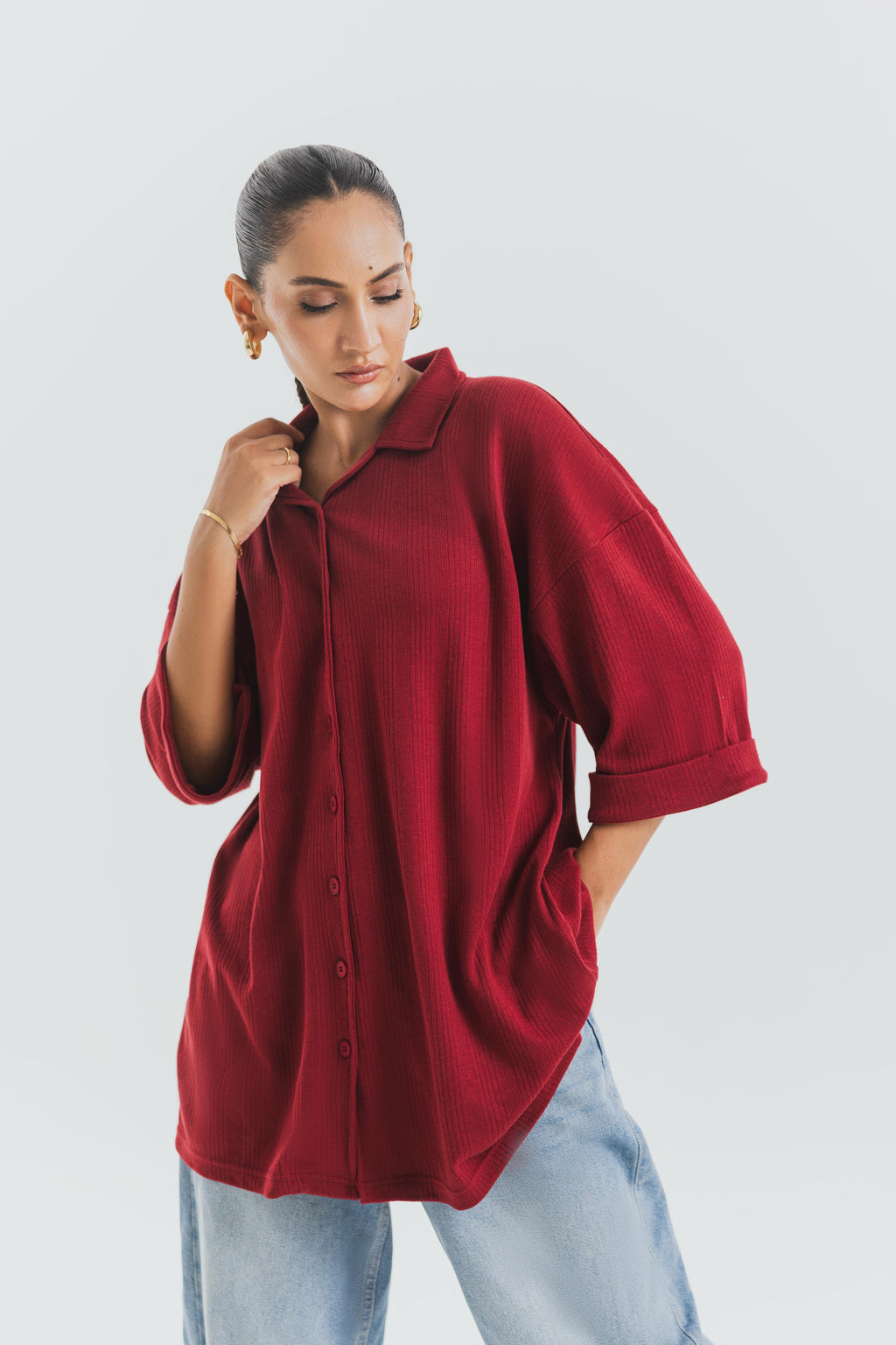 Maroon Drop Needle Button Down